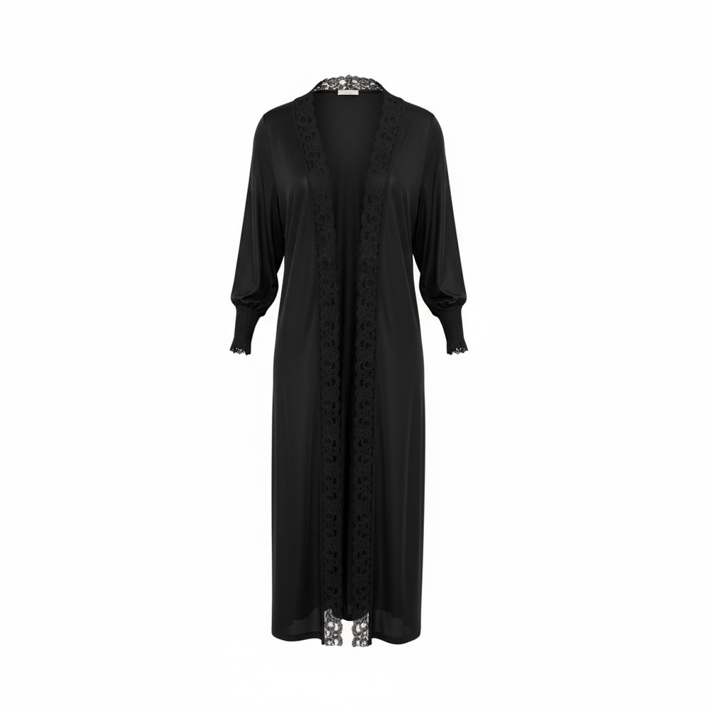 Vintage 90s‎ Avon Black Lace Trim Victorian Revival Open Front Robe One Size